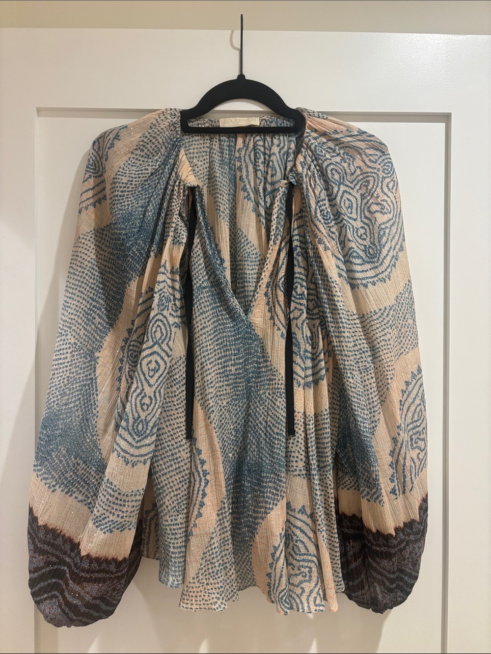 Ulla Johnson Boho Printed Peasant Blouse in Cream and Blue